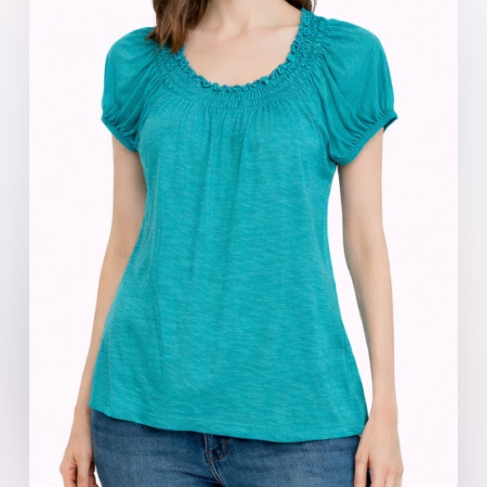 Carol Rose Teal Blue Ruched Short Sleeve Blouse (Size S)